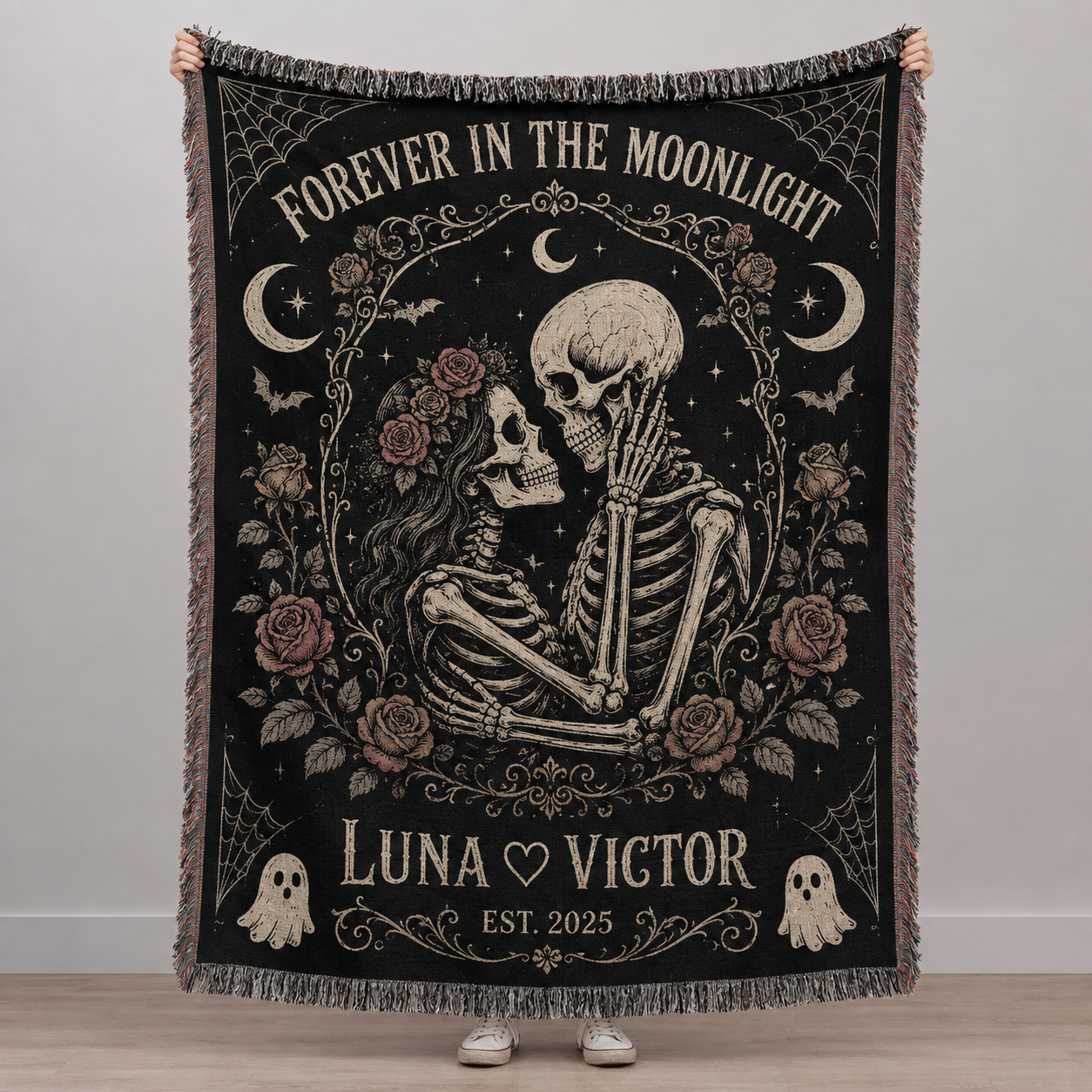 Personalized skeleton couple Halloween woven blanket with roses moons and fringe