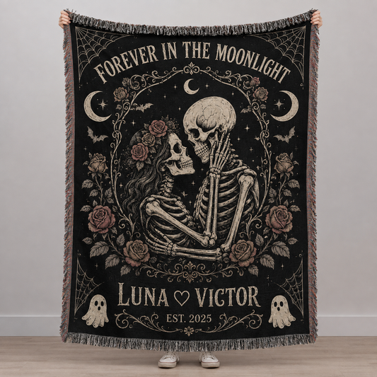 Personalized skeleton couple Halloween woven blanket with roses moons and fringe