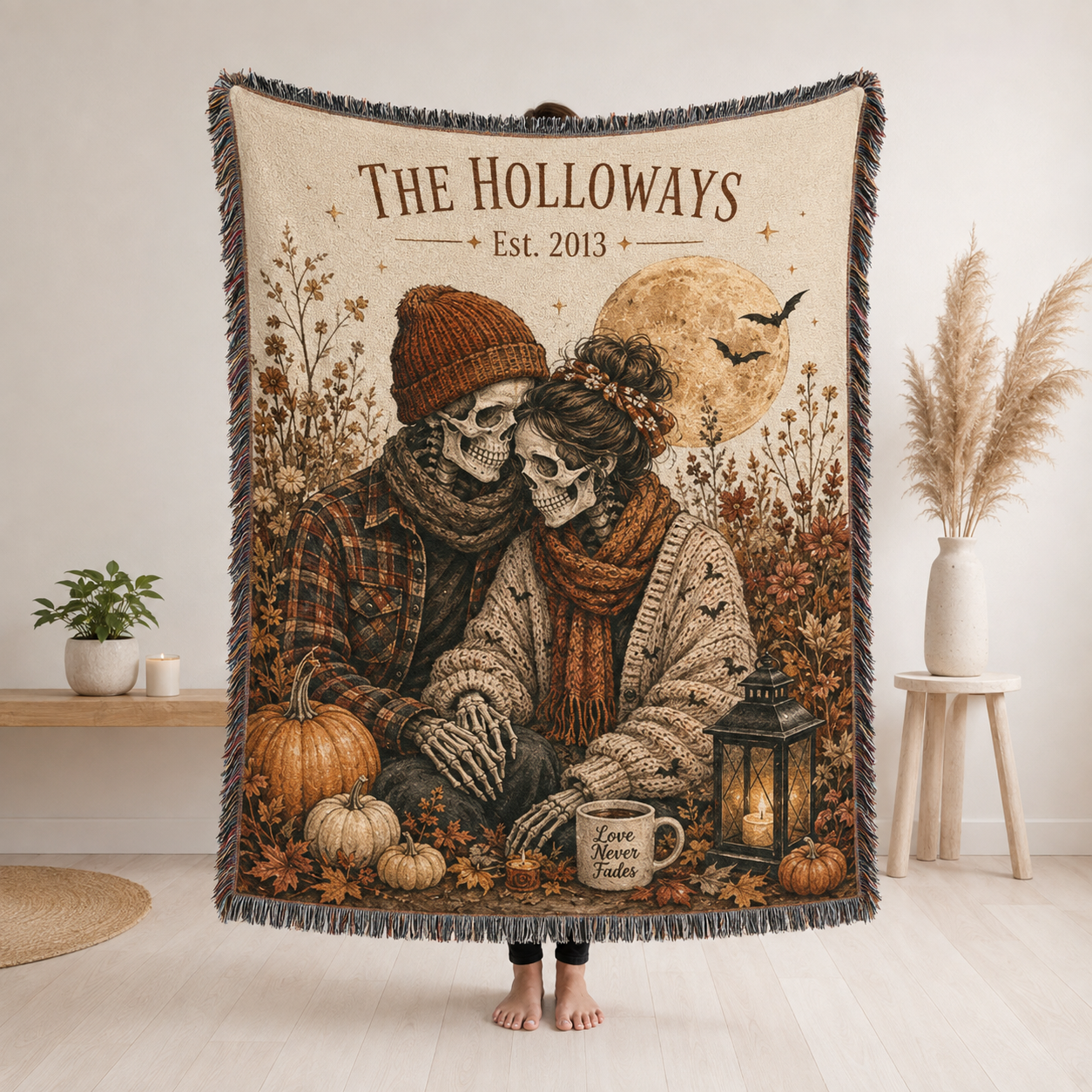 Personalized skeleton couple Halloween woven blanket with family name established year pumpkins moon and fringe
