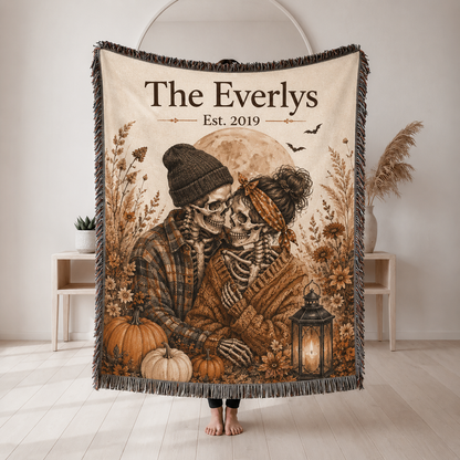 Personalized skeleton couple Halloween woven blanket with family name and established year