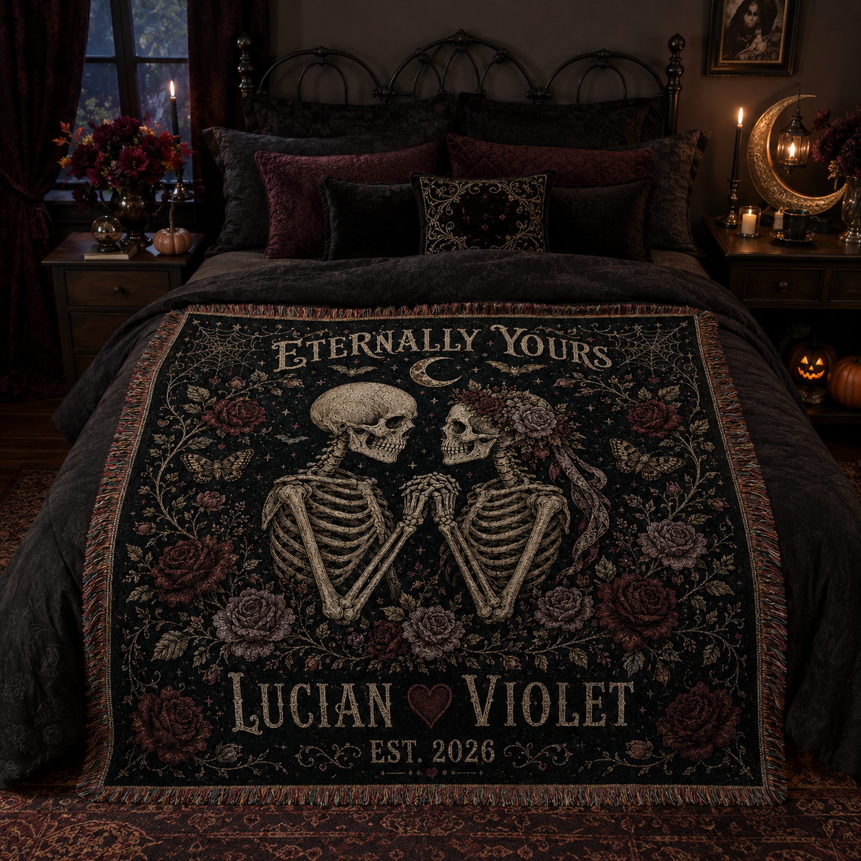 Personalized skeleton couple woven blanket styled on a gothic bedroom bed