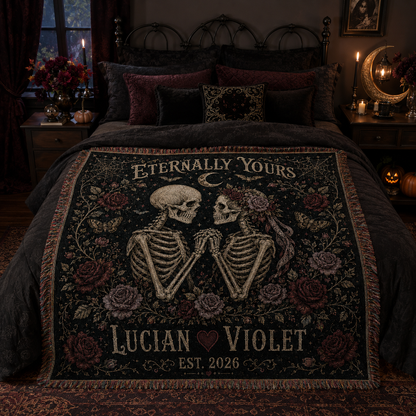Personalized skeleton couple woven blanket styled on a gothic bedroom bed