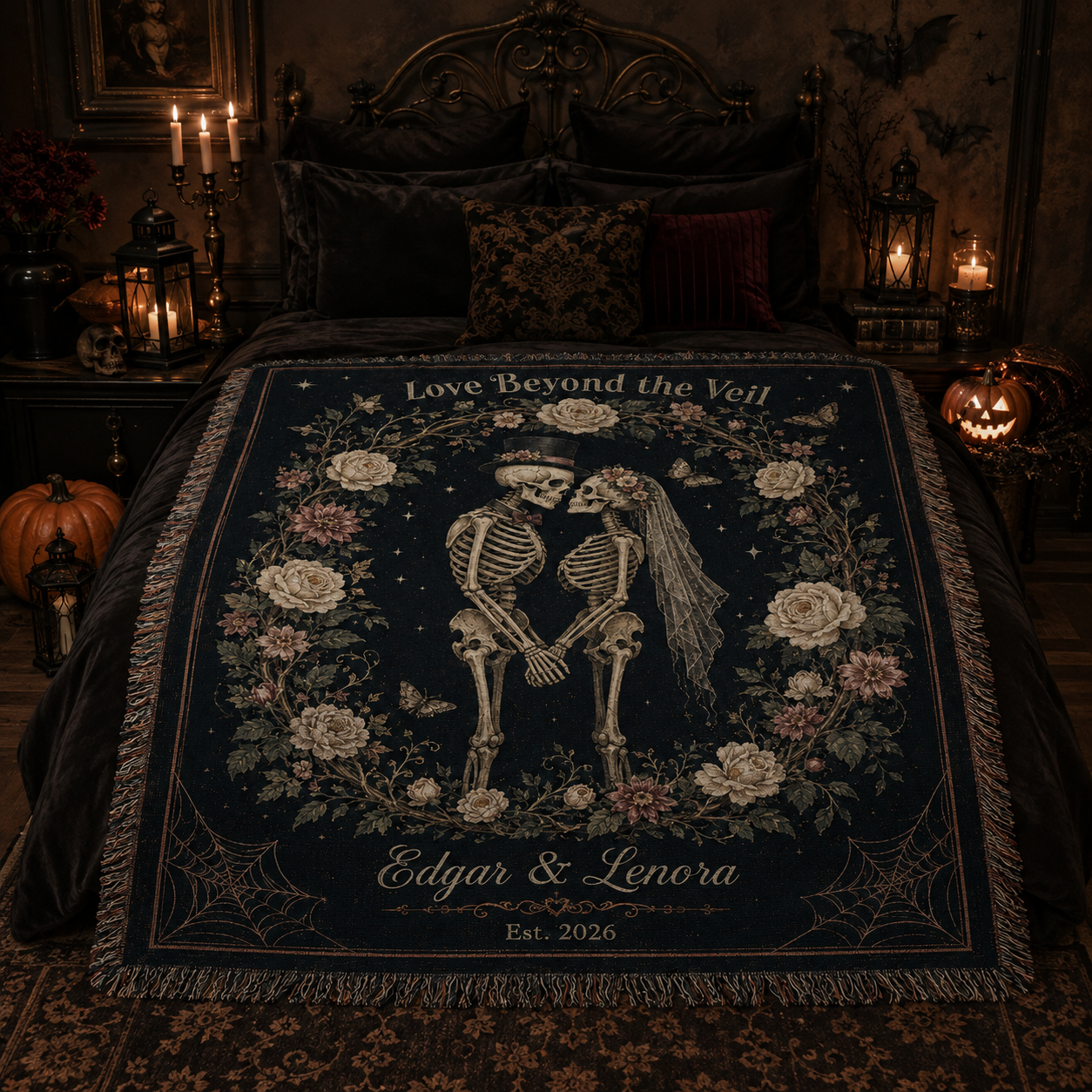 Personalized skeleton bride and groom woven blanket styled on a dark gothic Halloween bedroom
