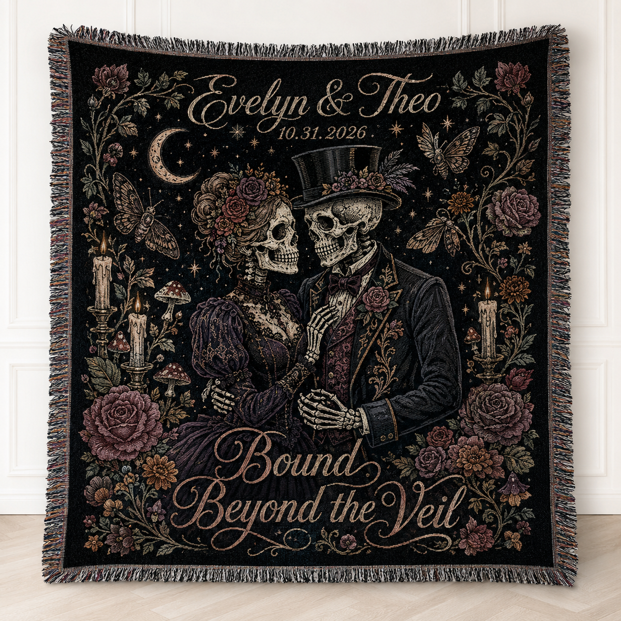 Personalized skeleton couple woven blanket with names, date, roses, moths and gothic Halloween artwork