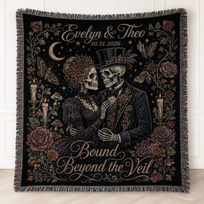 Personalized skeleton couple woven blanket with names, date, roses, moths and gothic Halloween artwork