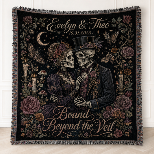 Personalized skeleton couple woven blanket with names, date, roses, moths and gothic Halloween artwork
