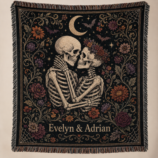 Personalized skeleton couple Halloween woven blanket with floral vines crescent moon bats and fringe