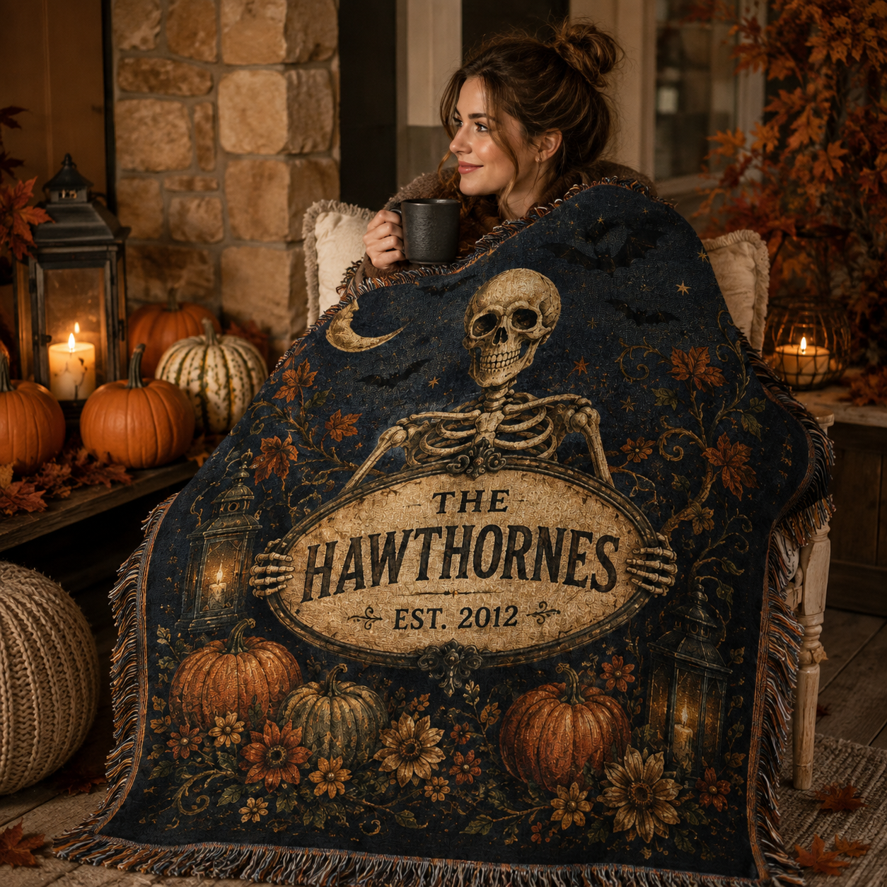 Woman wrapped in a personalized skeleton family Halloween woven blanket