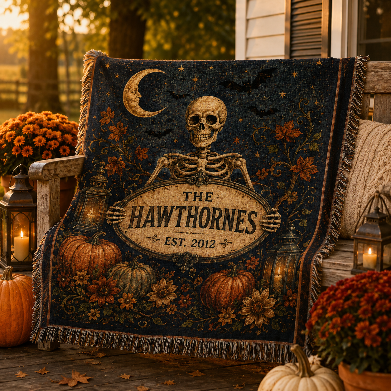 Personalized Halloween family woven blanket styled on an autumn porch