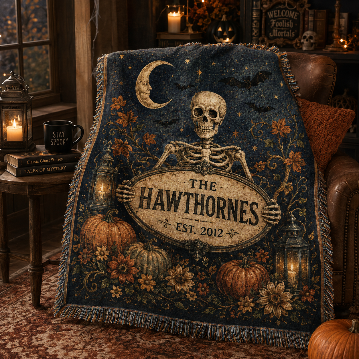 Personalized skeleton Halloween woven blanket in a candlelit reading nook