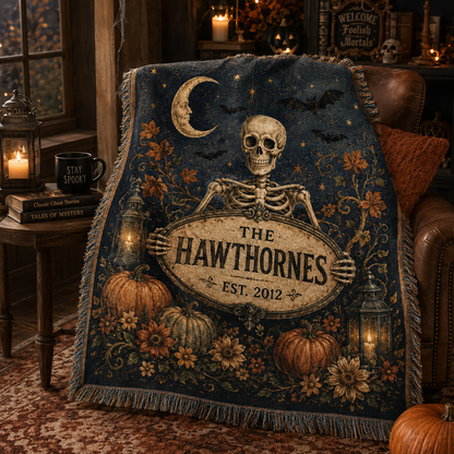 Personalized skeleton Halloween woven blanket in a candlelit reading nook