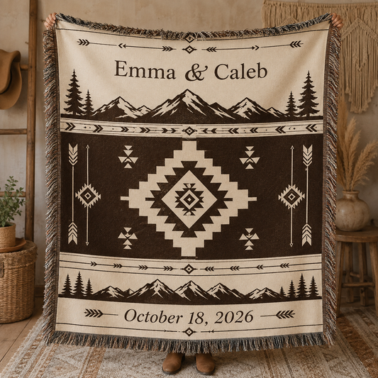 Personalized southwestern mountain wedding woven blanket with Emma and Caleb and October 18 2026