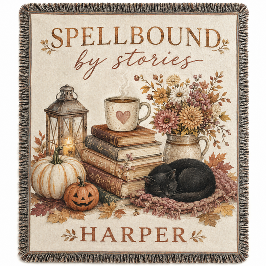 Personalized Spellbound by Stories woven blanket with books, pumpkins, black cat and custom name