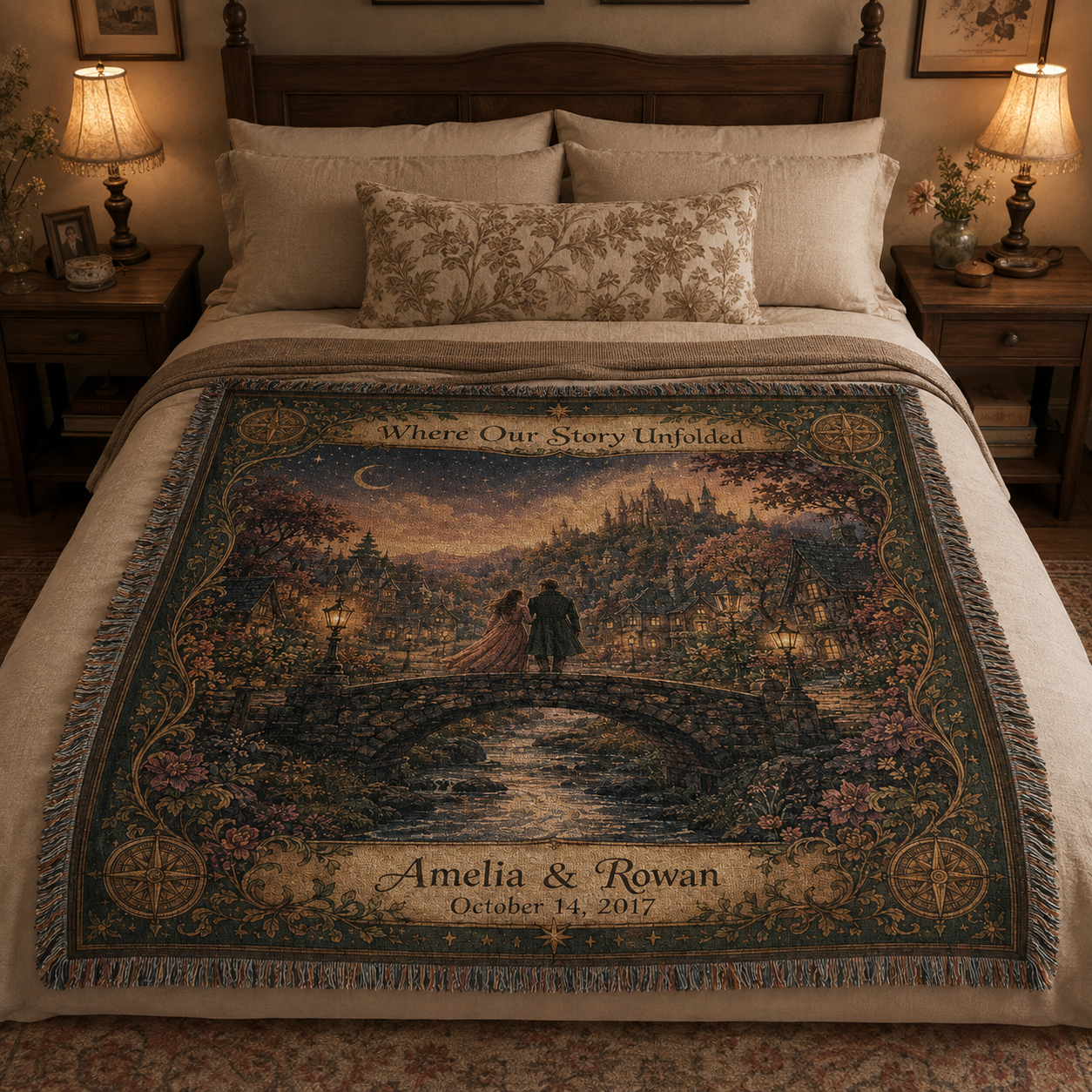 Personalized couple woven throw blanket styled across a warm vintage bed