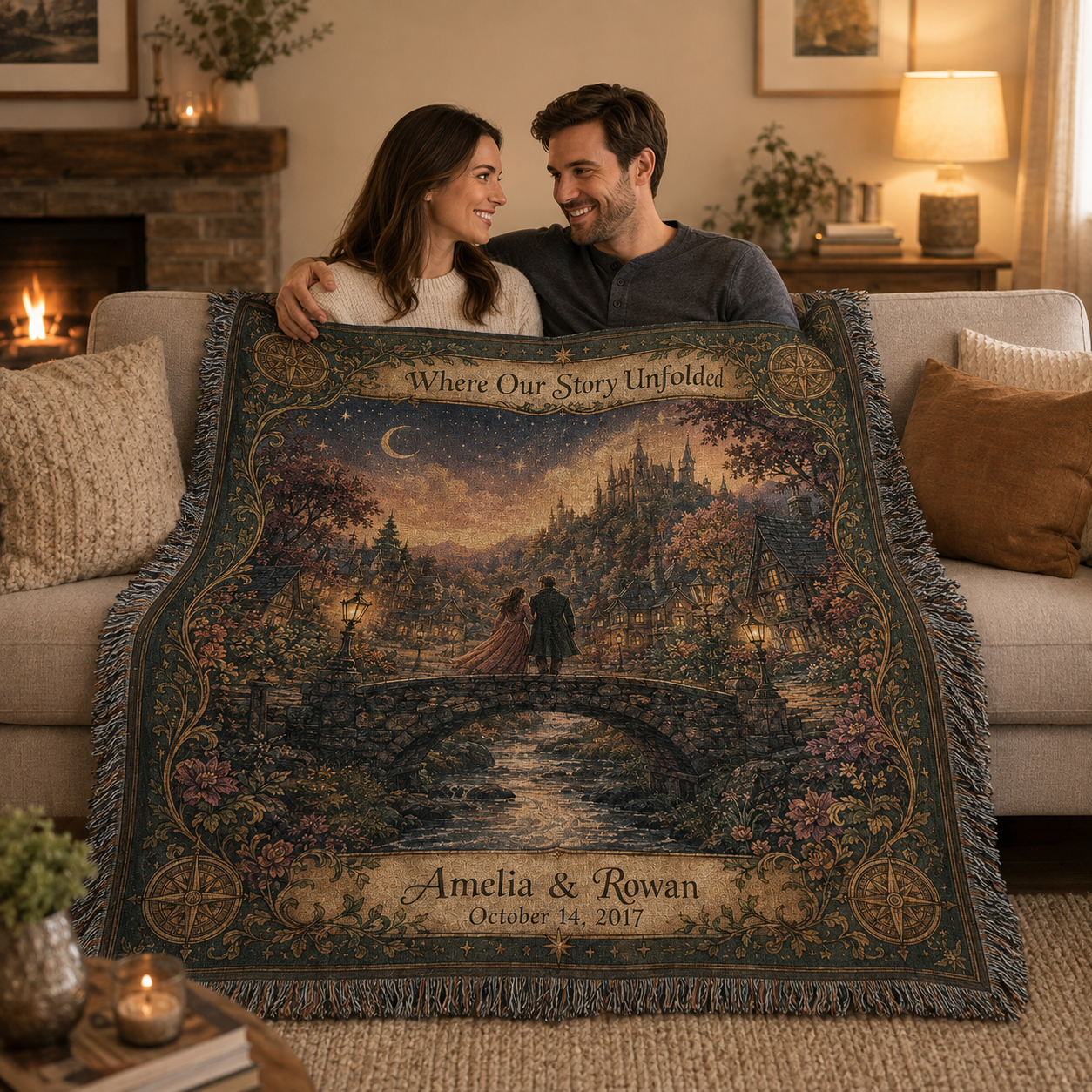 Couple sharing a personalized romantic woven blanket in a cozy living room