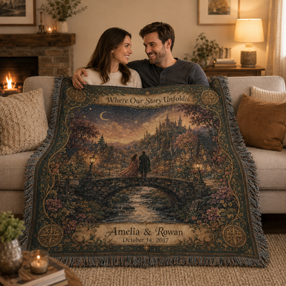 Couple sharing a personalized romantic woven blanket in a cozy living room