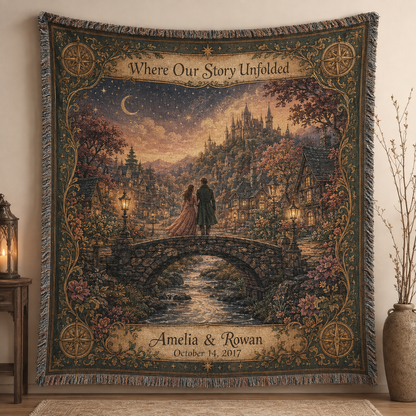 Personalized couple woven throw blanket with romantic storybook castle scene