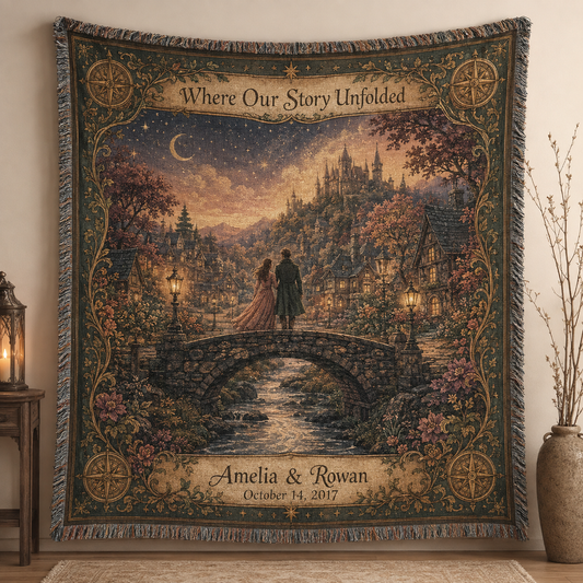 Personalized couple woven throw blanket with romantic storybook castle scene