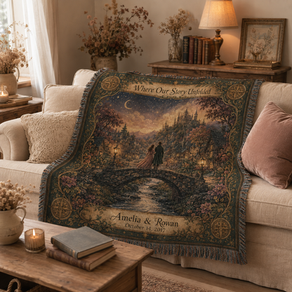 Personalized romantic woven blanket displayed on a cozy cottage sofa
