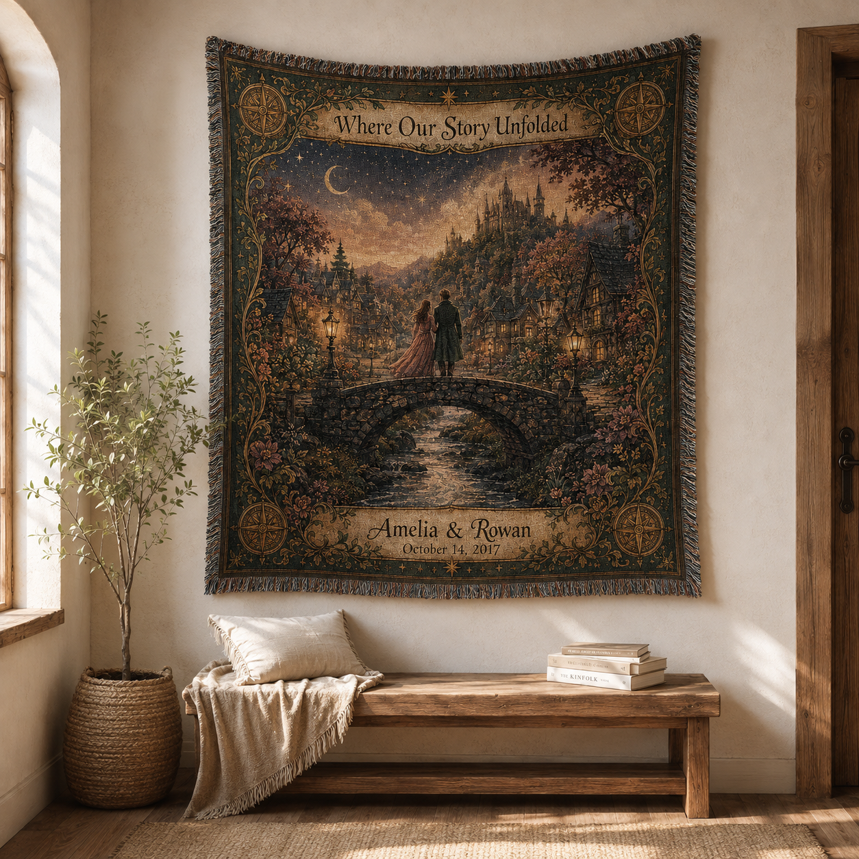 Personalized storybook woven blanket displayed as romantic wall decor