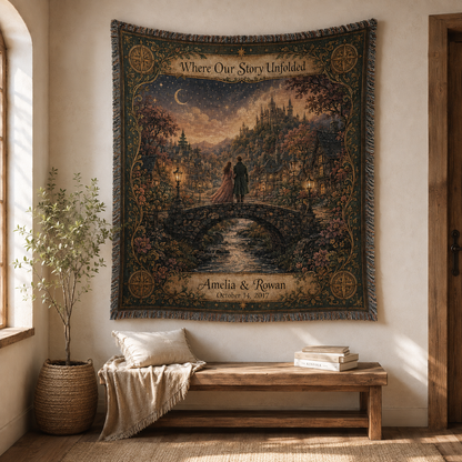 Personalized storybook woven blanket displayed as romantic wall decor