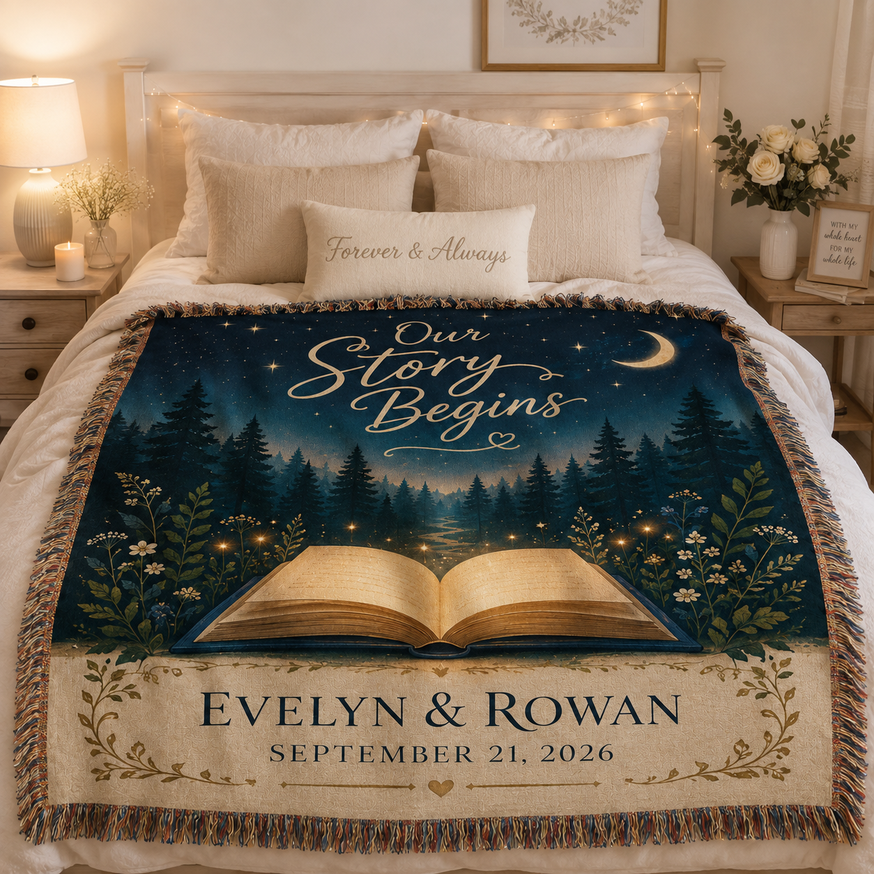 Personalized storybook wedding woven blanket styled across a romantic bedroom bed