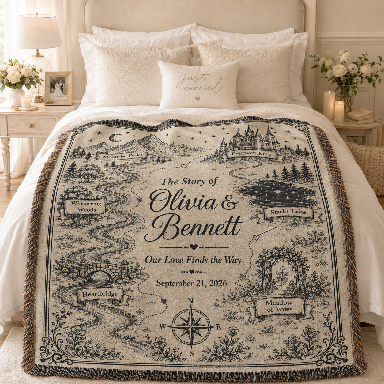 Personalized storybook wedding woven blanket styled across a romantic bedroom bed