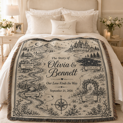 Personalized storybook wedding woven blanket styled across a romantic bedroom bed