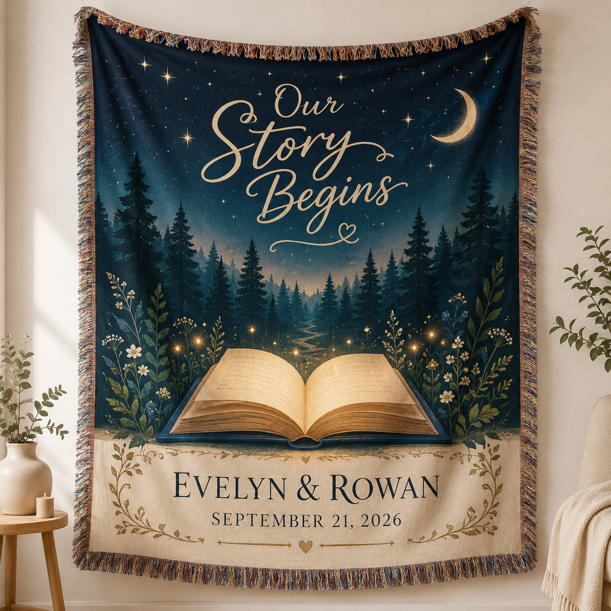 Personalized wedding woven blanket with Our Story Begins forest book design and custom couple names