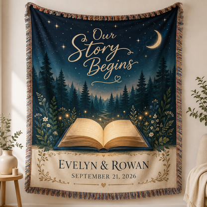 Personalized wedding woven blanket with Our Story Begins forest book design and custom couple names
