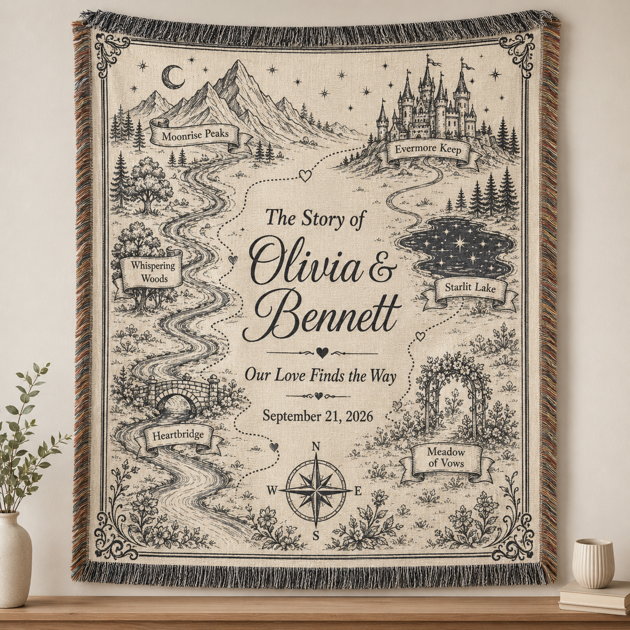 Personalized storybook wedding woven blanket with custom couple names and fantasy love journey map