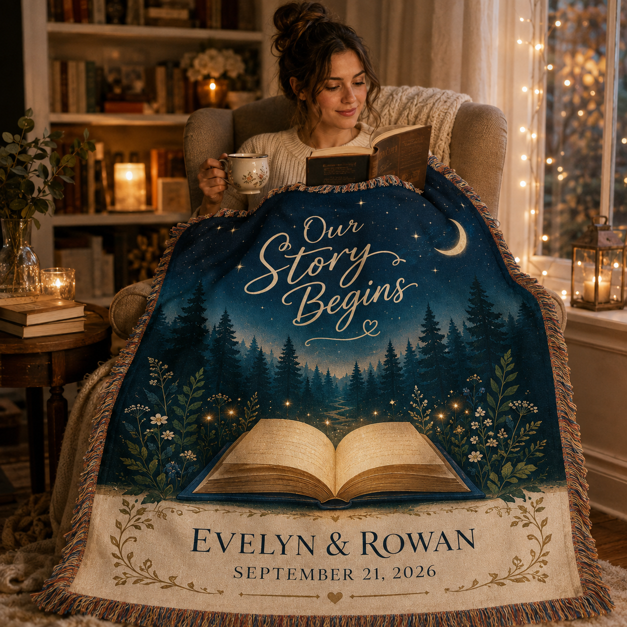 Personalized storybook wedding woven blanket used in a cozy reading nook
