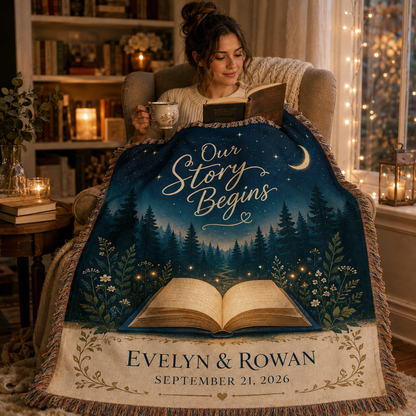 Personalized storybook wedding woven blanket used in a cozy reading nook