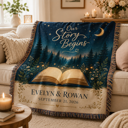 Personalized storybook wedding woven blanket softly draped on a neutral sofa
