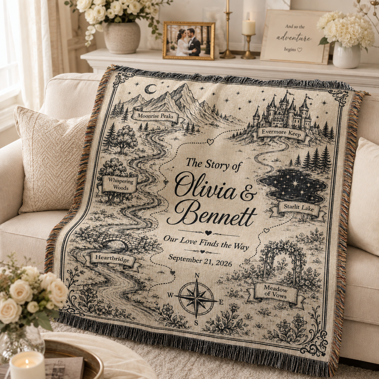Personalized storybook wedding woven blanket softly draped on a neutral sofa