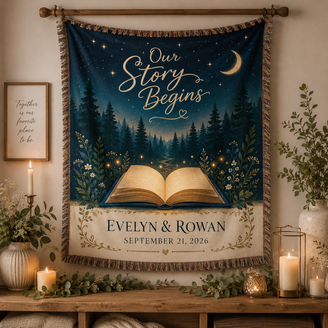 Personalized storybook wedding woven blanket displayed as romantic wall decor