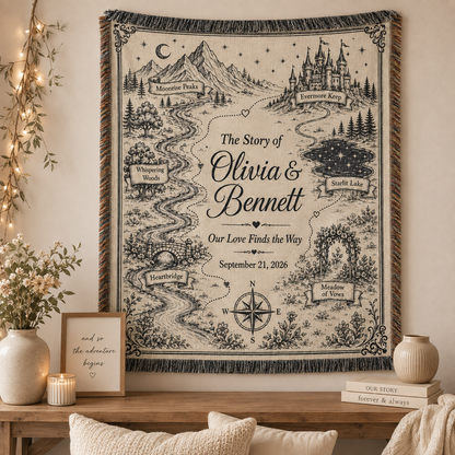 Personalized storybook wedding woven blanket displayed as romantic textile wall decor