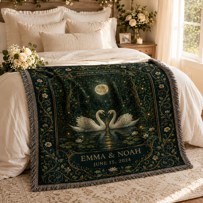 Personalized moonlit swan wedding woven blanket styled across a romantic ivory bed