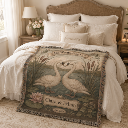 Personalized swan wedding woven blanket styled across a romantic bedroom bed