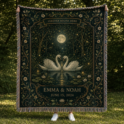 Personalized swan wedding woven blanket with custom couple names and date, moonlit forest and fringe