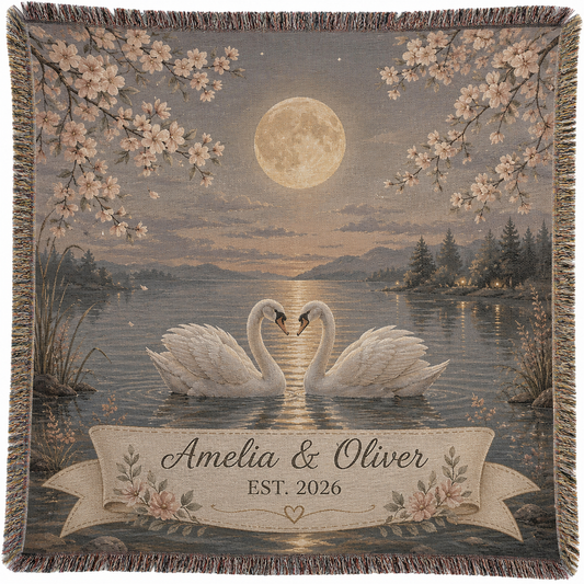 Personalized swan wedding woven blanket with Amelia and Oliver names, moonlit lake, blossoms and EST. 2026