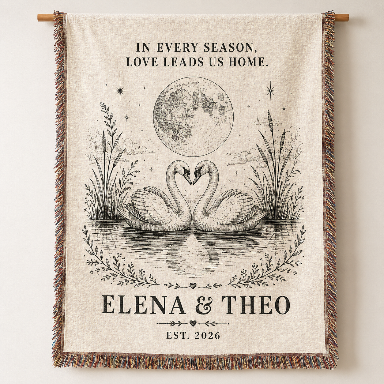 Personalized swan wedding woven blanket with custom couple names and established year