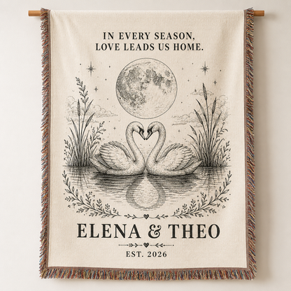 Personalized swan wedding woven blanket with custom couple names and established year