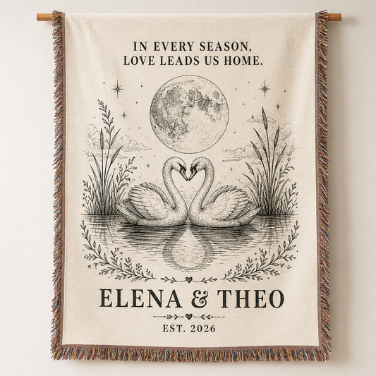 Personalized swan wedding woven blanket with custom couple names and established year