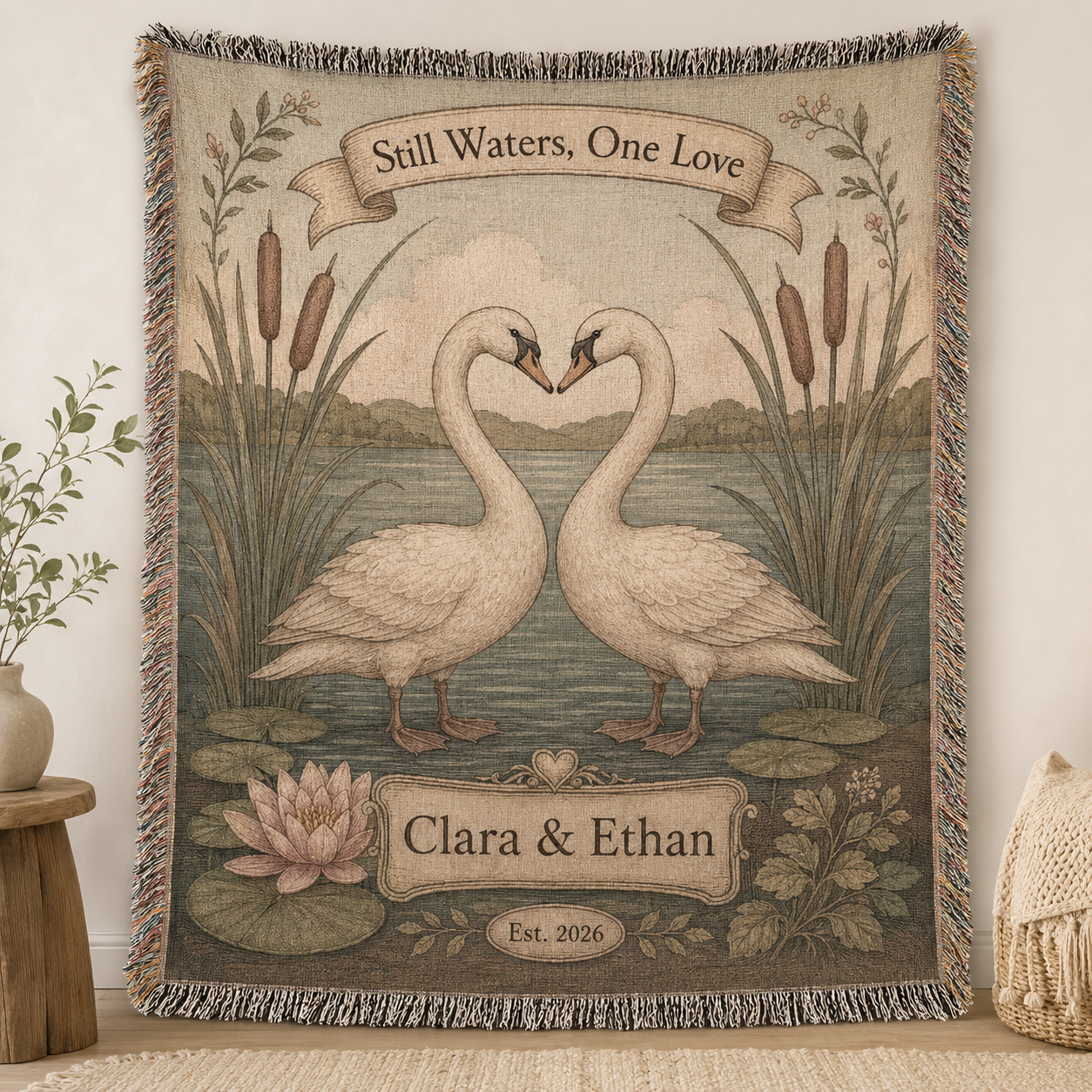 Personalized swan wedding woven blanket with custom couple names and year