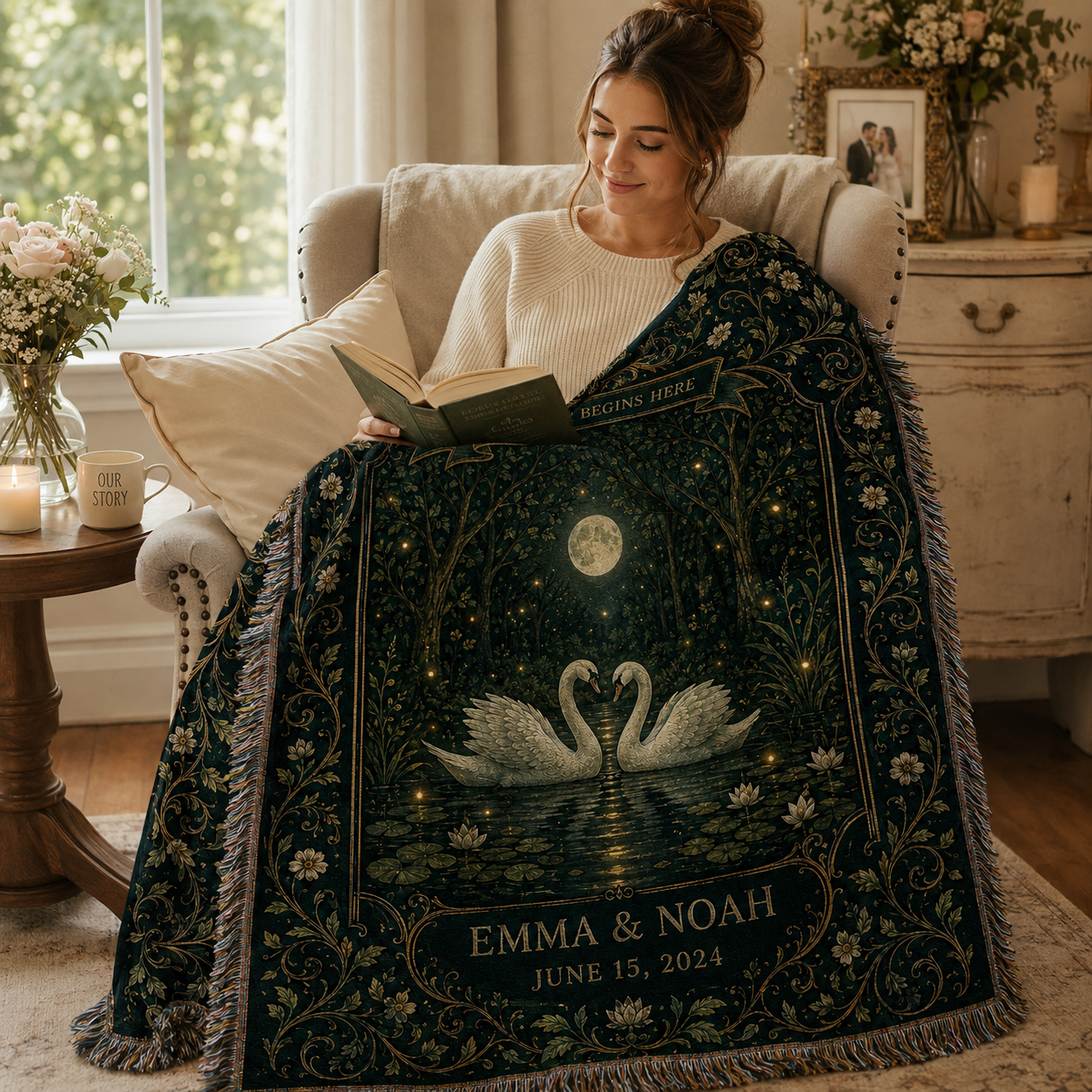 Woman reading with a personalized swan wedding woven blanket featuring custom couple names and date