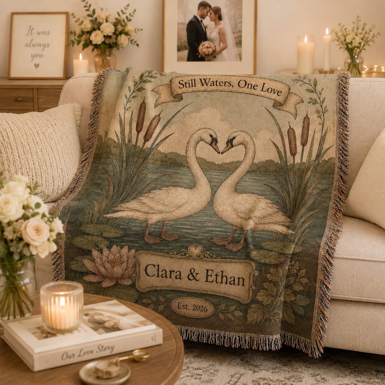 Personalized swan wedding woven blanket softly draped on a sofa