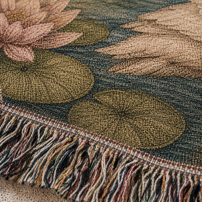 Macro woven texture and multicolor fringe detail of swan wedding woven blanket