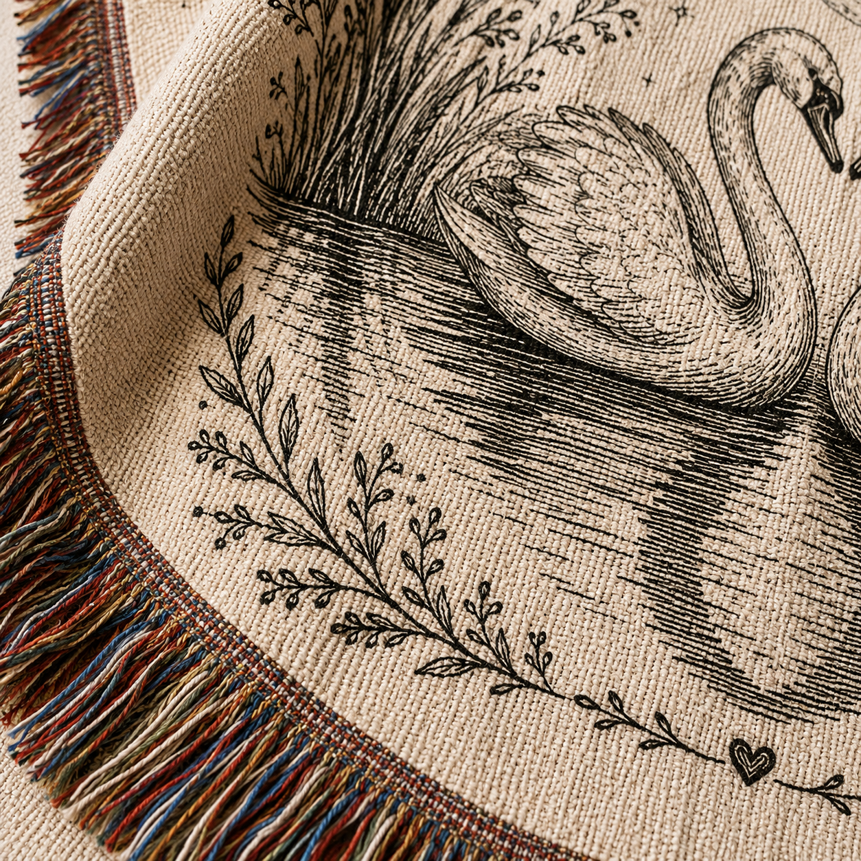 Macro detail of swan wedding woven blanket showing woven texture and multicolor fringe
