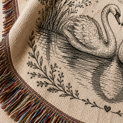 Macro detail of swan wedding woven blanket showing woven texture and multicolor fringe